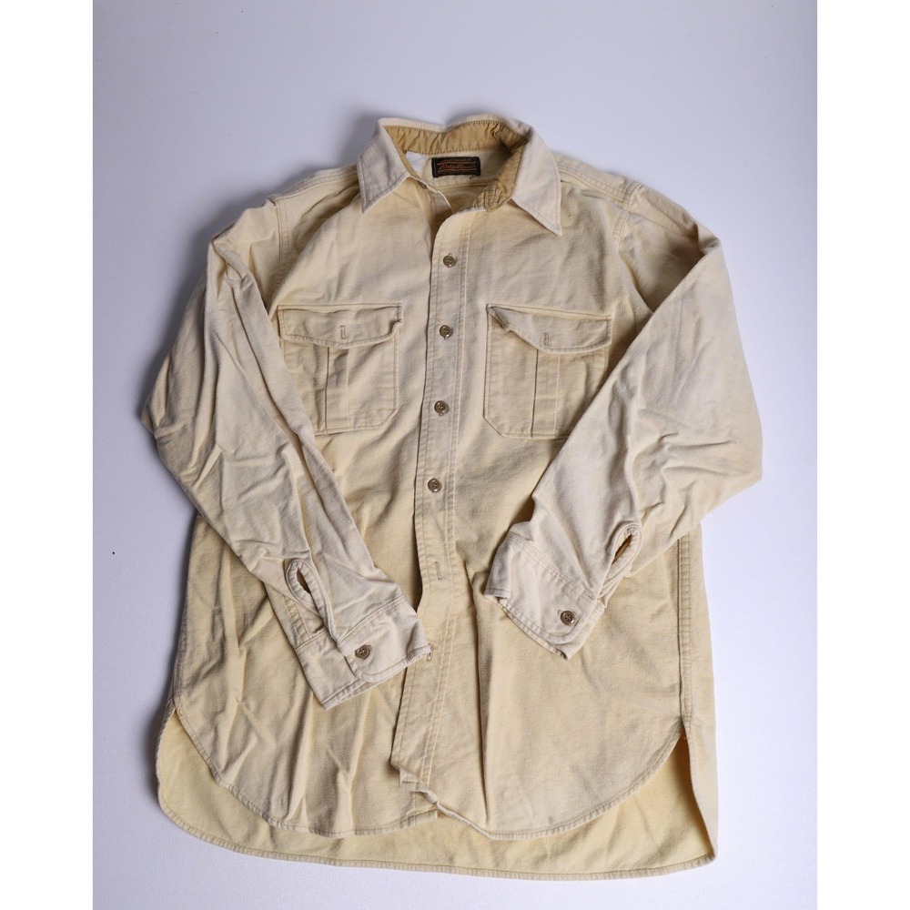 Vintage Eddie Bauer Mens L Chamois Cloth Shirt Pale Yellow Cotton Made in USA